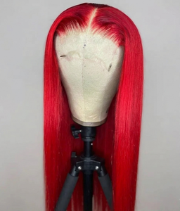 Peluca de Moda Sintética Larga y Lisa de Color Rojo Brillante, con Frente de Encaje Transparente 13*4, Sin Pegamento, Resistente al Calor, para Mujer - Product Image 1