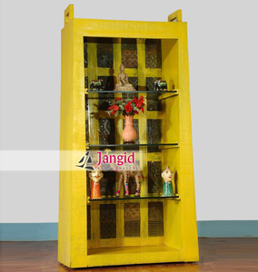 Indian Solid Wooden Yellow Hand <b>Painted</b> Decorative Display Showpiece with 3 Glass Shelf Furniture for Living Room Hotel - Product Image 5