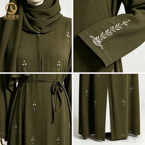 Abaya Ouverte en Mousseline <span class=keywords><strong>Kaki</strong></span> avec Fines Broderies Florales Style Décontracté Taille Naturelle Respirante Antistatique Écologique - Product Image 5