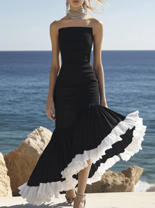 Vestido maxi de mujer con dobladillo Acampanado y volantes sin mangas de algodón blanco y negro de nuevo diseño elegante - Product Image 4