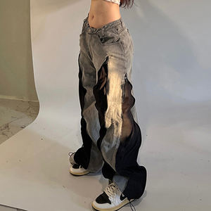 Jeans baggy à patchwork lourd pour femmes, style hip-hop, couleur contrastée, pantalon en denim ample à jambes larges, streetwear vintage - Product Image 6