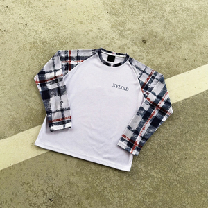 Waffle Knit Long Sleeve Custom Manufacturers <b>Patchwork</b> Checkered Long Sleeve <b>Shirt</b> Crew Neck Casual Long Sleeve T <b>Shirt</b> - Product Image 2