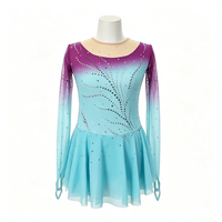 Robe de patinage et de danse pour enfants et adultes, dégradé violet-bleu, manches longues en maille, dos orné de strass, pour compétition et spectacle de patinage sur glace