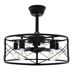 Cage Ceiling Fan with Light, 20\" Recessed Ceiling Fan with Light 3 Wind Speeds Industrial Living Room (Black)