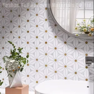 Piedra de mármol natural Waterjet flor mosaico personalizado Fondo pared balcón baño azulejos