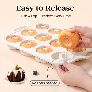 MUYULINS Factory Beige 12-Cup LFGB Non-Stick BPA Free Metal Reinforced Frame Silicone Tart <b>Cake</b> Pan Muffin <b>Tin</b> Baking Mold - Product Image 4