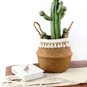 Woven straw flower pot <b>basket</b>, <b>foldable</b> woven flower <b>basket</b>, plant floor bag, Nordic style portable sundry <b>basket</b> - Product Image 1