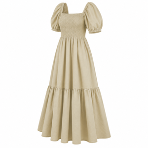 Beige Smocked <b>Maxi</b> <b>Dress</b> Puff Sleeve Square Neck Tiered Midi <b>Dress</b> Casual Summer Women <b>Dress</b> - Product Image 2
