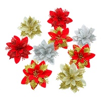 Bunga Poinsettia Buatan Berlapis Glitter Emas Natal 13CM, Aksesoris Untuk Pohon Natal dan Karangan Bunga