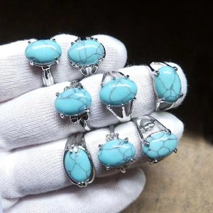 Anillo de Aleación con Piedra Sintética Turquesa Azul Verde Ovalada Vintage para Mujeres y Hombres, Regalo de Boda, Compromiso, Joyería - Product Image 3