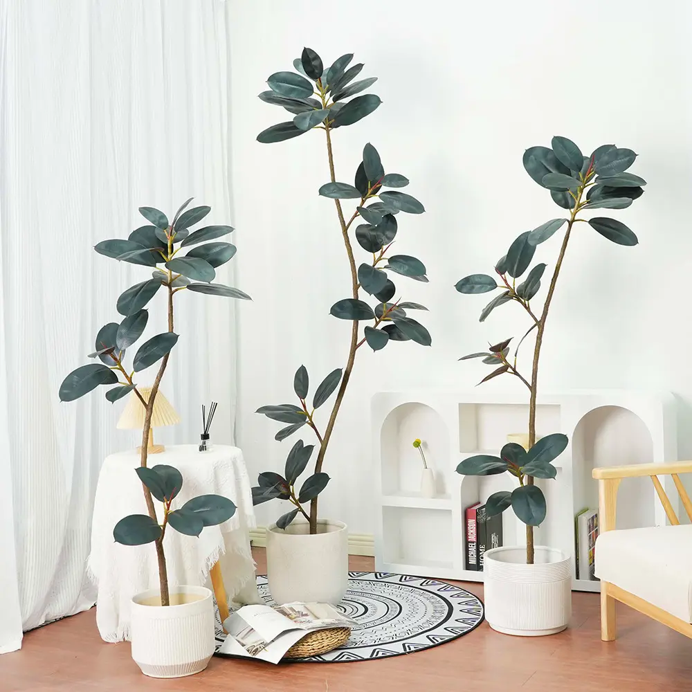 Plantas de simulação de árvore de borracha verde para bonsai de ouro preto folhas grandes feitas de plástico