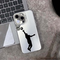 Coque de téléphone portable en TPU et PC avec impression homme jouant au basketball et clé argentée électroplaquée pour iPhone 11 12 13 14 15 16 17 18 Pro Max