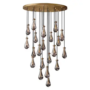 Lampe d'éclairage de gouttes de pluie en cristal personnalisée Vintage Farmhouse Brass Pendant Light High Ceiling Luxury Teardrop Long Drop Chandelier