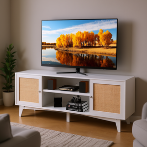 Meuble TV moderne 66 pouces avec porte en rotin, 2 étagères, prise intégrée, rangement, blanc, pour salon - Product Image 2
