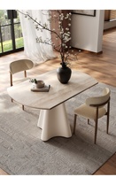 Table à manger en dalle de pierre de style français : table à manger en bois massif, compacte, de couleur crème, minimaliste et élégante pour les petites maisons