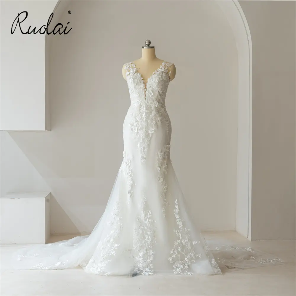 Ruolai Women 01768 zarif v yaka 3D çiçekler boncuk gelinlik fildişi kolsuz Mermaid gelinlikler kadınlar için