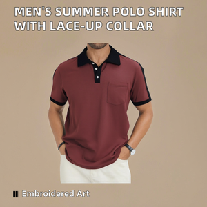 Nueva Camiseta Casual de Verano para Hombre, de Manga Corta, Bordada, de Punto Sólido, de Algodón y Fibra de Bambú, con Cuello de Cordones, Anti-Pilling - Product Image 2
