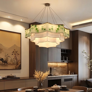 Lustre avec bambou peint et design paysager, forme ovale, lumière LED pour salon, hall, style zen - Product Image 4