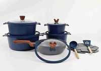Ensemble de 15 ustensiles en aluminium forgé avec bouton couronne : Marmite à soupe 20/24/28/32 cm, Poêle à frire profonde 28 cm, Accessoires en silicone, Vaisselle