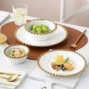 Customized Restaurant Hotel Fine White Dinner Set Golden Pearl Edge Luxury Ceramic dish Dinnerware Set