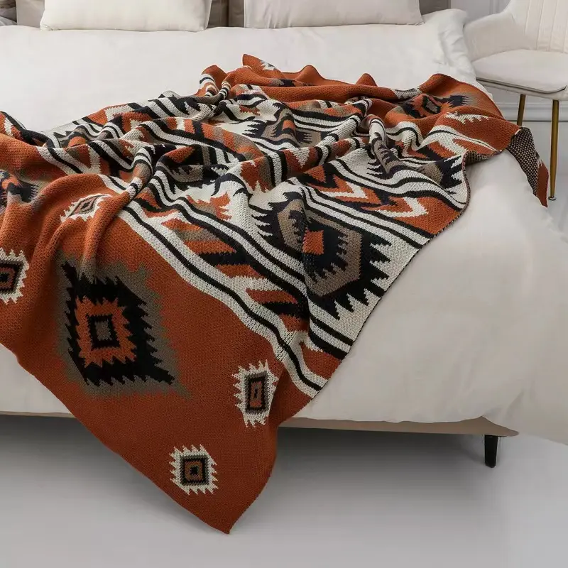 knitted blanket cotton acrylic aztec throw boho knit blanket