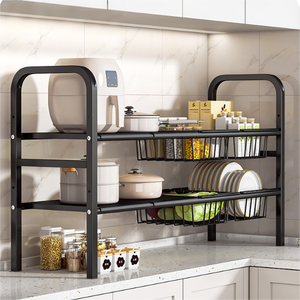 Carbon Steel Kitchen <strong>Sink</strong> Organizer <strong>Under</strong> <strong>Sink</strong> 2-Tier Shelf Removable Baskets Panels Sustainable Multifunction Tableware <strong>Storage</strong> - Product Image 4