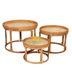 ถาดเสิร์ฟ/โต๊ะข้างทำจากหวายสานมือแบบเวียดนามสมัยใหม่  ตกแต่งด้วยเปลือกหอยและโมเสกหวาย เป็นมิตรกับสิ่งแวดล้อม - Product Image 1