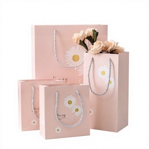 Bolsas de Regalo de Papel con Estampado de Margaritas Rosas, Forma Rectangular, Asa de Cuerda de Algodón, Reciclables, Estilo Clásico, Papel de Arte, Impresión Offset - Product Image 1