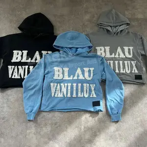 Streetwear Pullover übergroße Baumwolle doppelschichtiges rohes Hem zugeschnitten individuelle Distressed Patch Stickerei Hoodies