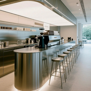 Comptoir de réception d'hôtel en acier inoxydable poli en forme de L moderne en gros pour café, centre commercial, écologique, personnalisable - Product Image 3
