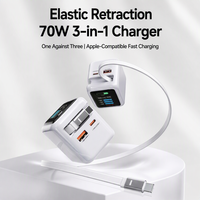 Chargeur rapide GaN 70W 3 en 1 avec écran TFT intelligent, adaptateur secteur USB A/C et câble USB-C rétractable pour ordinateur portable, téléphone, tablette et montre