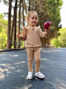Set di abbigliamento Casual 2 pezzi in maglia a coste per bambine Pullover a maniche lunghe felpa con volant <span class=keywords><strong>Leggings</strong></span> taglie autunnali - Product Image 3