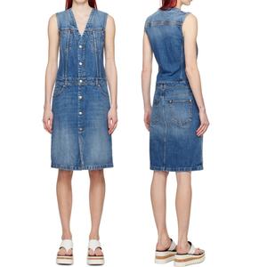 Robe midi en jean pour femme, sans manches, bleu, à empiècements, col en V, fente centrale, fermeture boutonnée, en coton, style mode estivale - Product Image 1