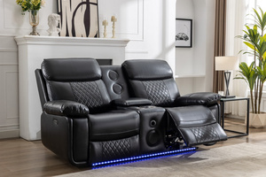 Оптовая продажа: 3-местный черный диван-реклайнер из искусственной кожи с электроприводом, подставкой для чашек и светодиодной подсветкой - Product Image 5