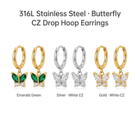 Boucles d'oreilles pendantes en forme de papillon en acier inoxydable 316L plaqué or 18 carats avec zircon cubique pour femmes, zircon cubique taille marquise et taille rond