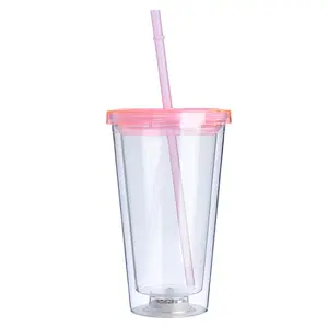 Doppels chicht Kunststoff Stroh becher Kreative LED Transparente Becher mit Licht Promotion Wasser becher Led Leuchten Becher mit Strohhalm