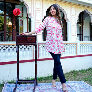 Women's Casual White Floral Printed Crop Summer Kurti Quick Dry High Quality Materials Cotton Keyhole Neck Three Quarter Sleeves - Product Image 1