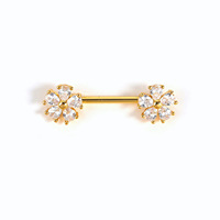 Piercing de téton tendance en acier inoxydable plaqué or, motif double fleur CZ, coloré, pour fête et décoration corporelle