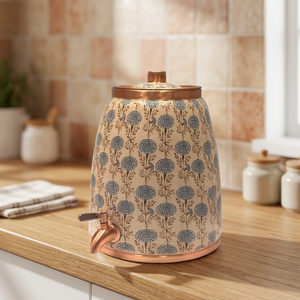 Distributeur d'eau en cuivre artisanal indien avec robinet à motif floral bleu doré, chaud et froid, garantie de 3 ans pour usage domestique - Product Image 3