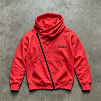 Veste à capuche streetwear asymétrique diagonale zippée, col châle oversize, en molleton bouclette, avec broderie de logo personnalisé, coupe irrégulière et fermeture éclair intégrale