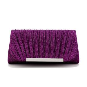 <b>Silver</b> Glitter Evening Clutch <b>Bag</b> Fan Pleated Design Metallic Bar Closure Formal Party Handbag with Detachable Chain Strap - Product Image 4