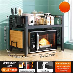 Customize Multifunctional Carbon Steel <b>Kitchen</b> Storage Rack Fixed Microwave Countertop Shelf with <b>Hook</b> Chopsticks Knife Holder - Product Image 6