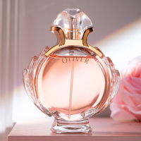 Feminines Parfüm in Kugelförmiger Klarglasflasche mit Blassrosa Flüssigkeit, Knopfkappe und Roségold-Kragen - Ätherische Haltbarkeit