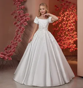 <span class=keywords><strong>Vestido</strong></span> de Niña de las Flores <span class=keywords><strong>Blanco</strong></span> Satinado 2026, Hombros Descubiertos, Apliques de Pedrería, Elegante, <span class=keywords><strong>para</strong></span> Cumpleaños, Concursos, Primera Comunión - Product Image 1