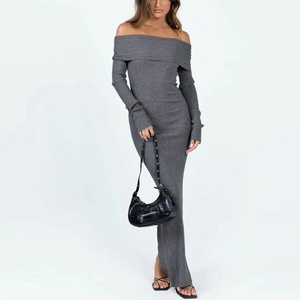 ผู้ผลิตเสื้อถักแบบกำหนดเอง ชุดเดรสไหมพรมผู้หญิง แขนยาวแบบเว้า ชุดเดรสไหมพรมริบบิ้นยาวปานกลาง เสื้อผ้า - Product Image 2