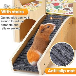 Casa de Madera para Cobayas con Escaleras y Cama, Diseño Floral, Hábitat Transpirable para Animales Pequeños - Product Image 2