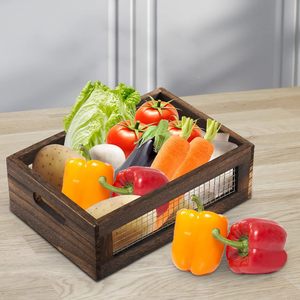 Wooden Storage Box Rectangle With Handle Retro Color For Kitchen Bathroom Fruit <b>Vegetable</b> Basket - Product Image 4