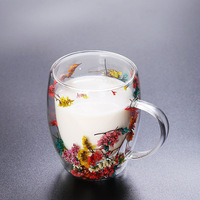 Hete Aanbieding Cadeaus voor Vrouwen 250ml 350ml Dubbelwandige Glazen Koffiemokken met Handvat en Gedroogde Bloemen