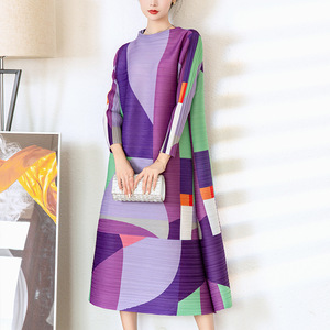 Ready to Ship Artistic Geometric Block Print Mock Neck High <strong>Elastic</strong> Miyake Pleated <strong>Dress</strong> - Product Image 3