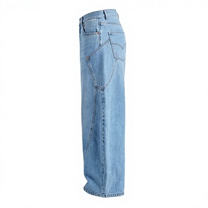 Jean droit taille haute respirant en denim délavé écologique pour homme, coupe droite, style cargo, décontracté, bleu vintage - Product Image 3